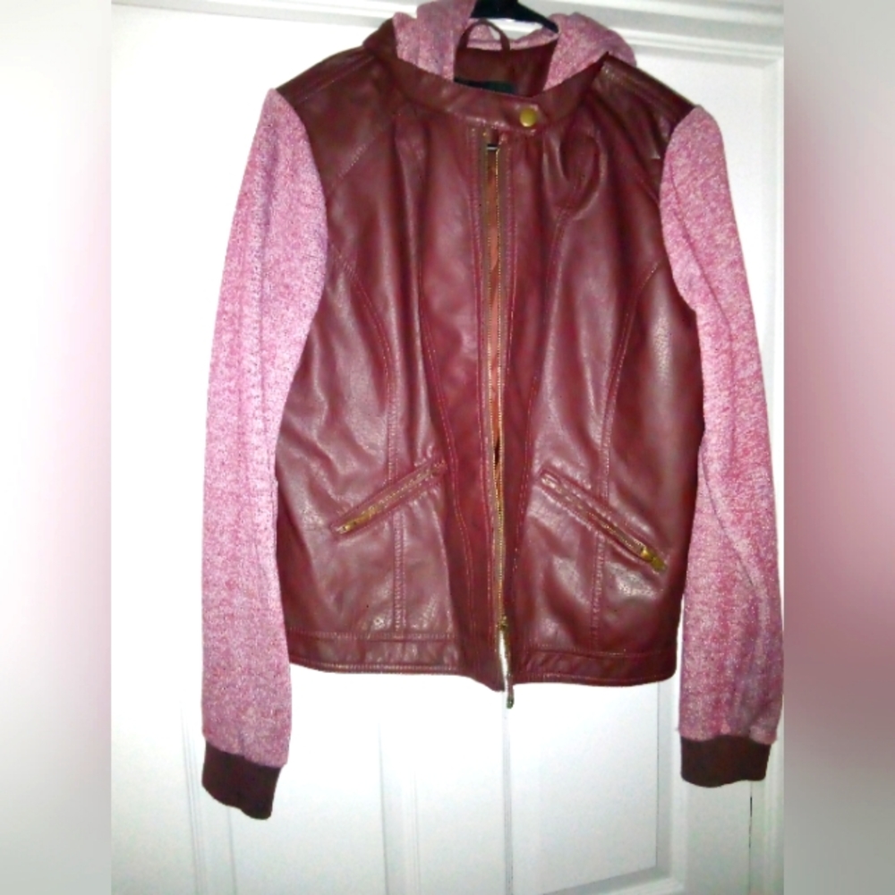 Women's Jason Maxwell Burgundy Full Zip Faux Leather Hooded Jacket, L